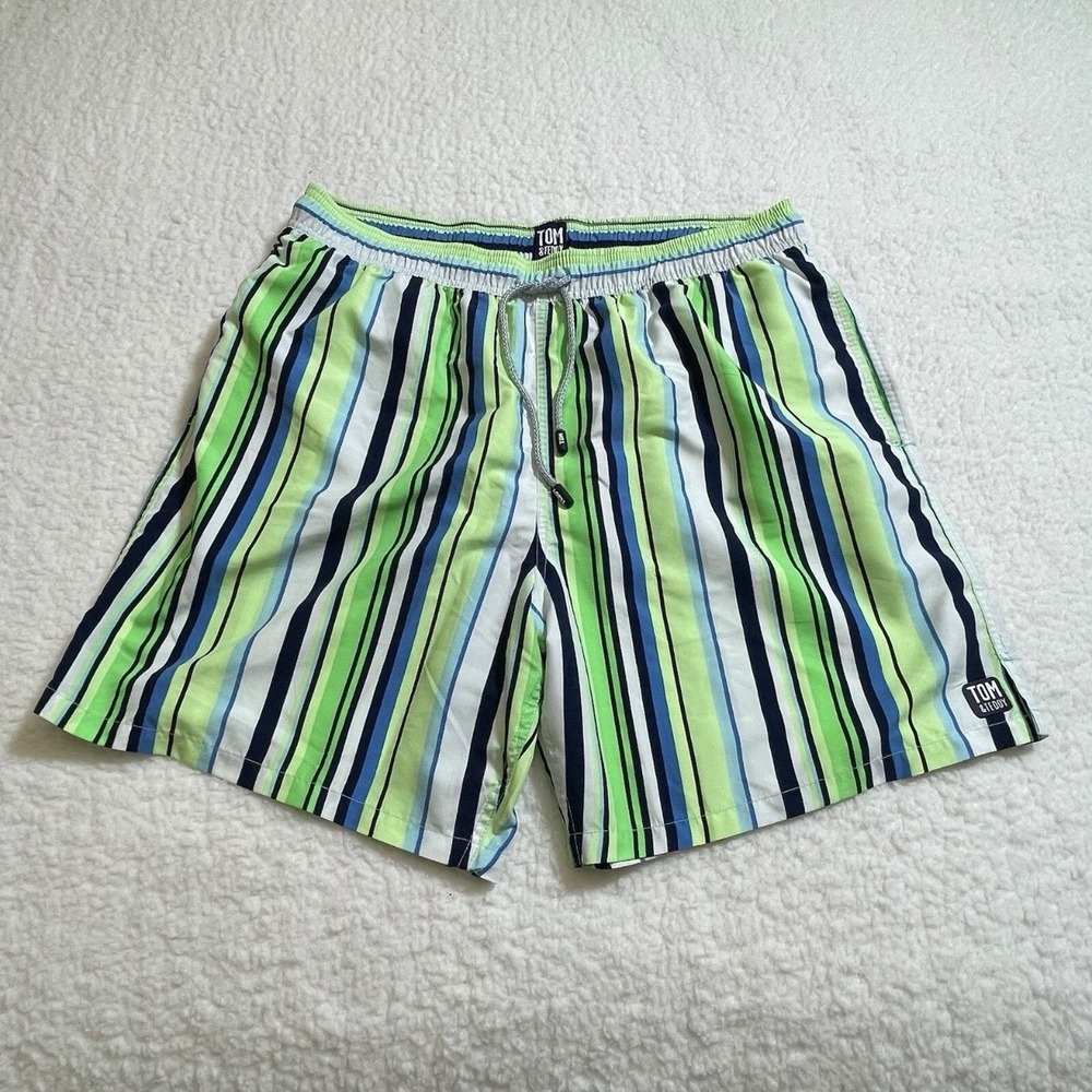 Tom & Teddy Swim Trunks Mens XXL Striped Polyester Green Blue Striped
